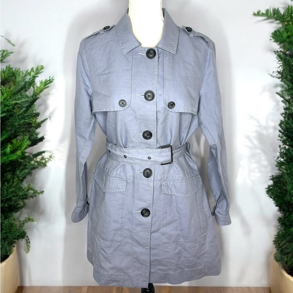 CAbi Tanner Trench Coat Medium Blue Gray Linen Blend Belted Jacket